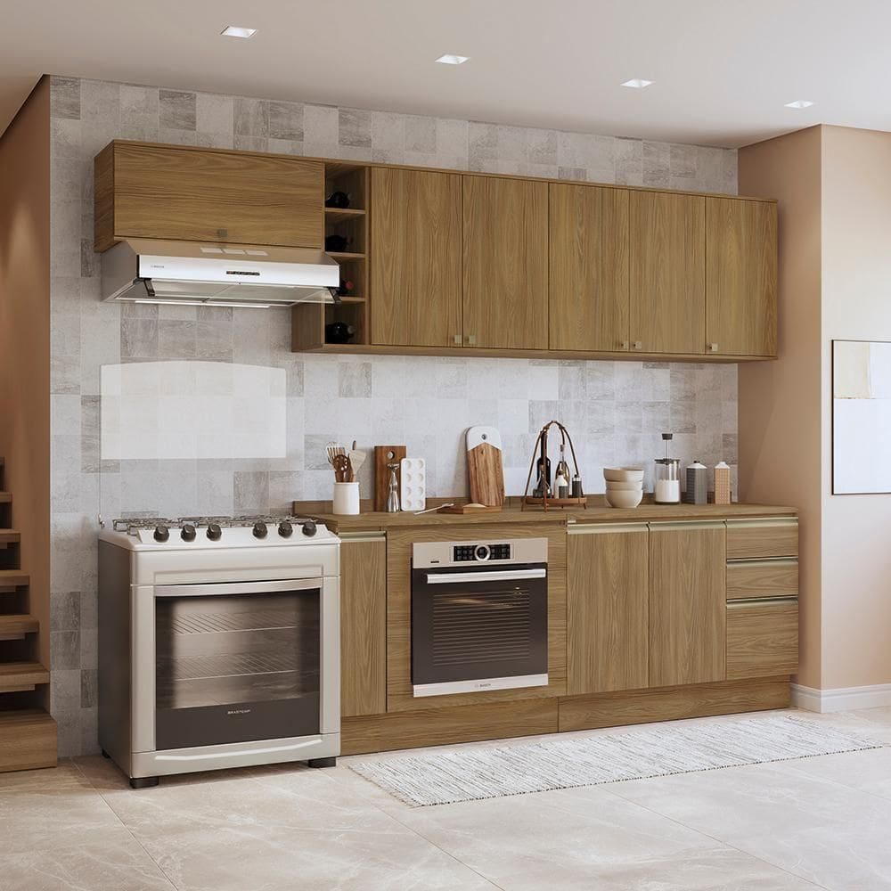 Armário De Cozinha Completa 3 Gavetas 100% Mdf 300cm Nogueira Celeste Kappesberg