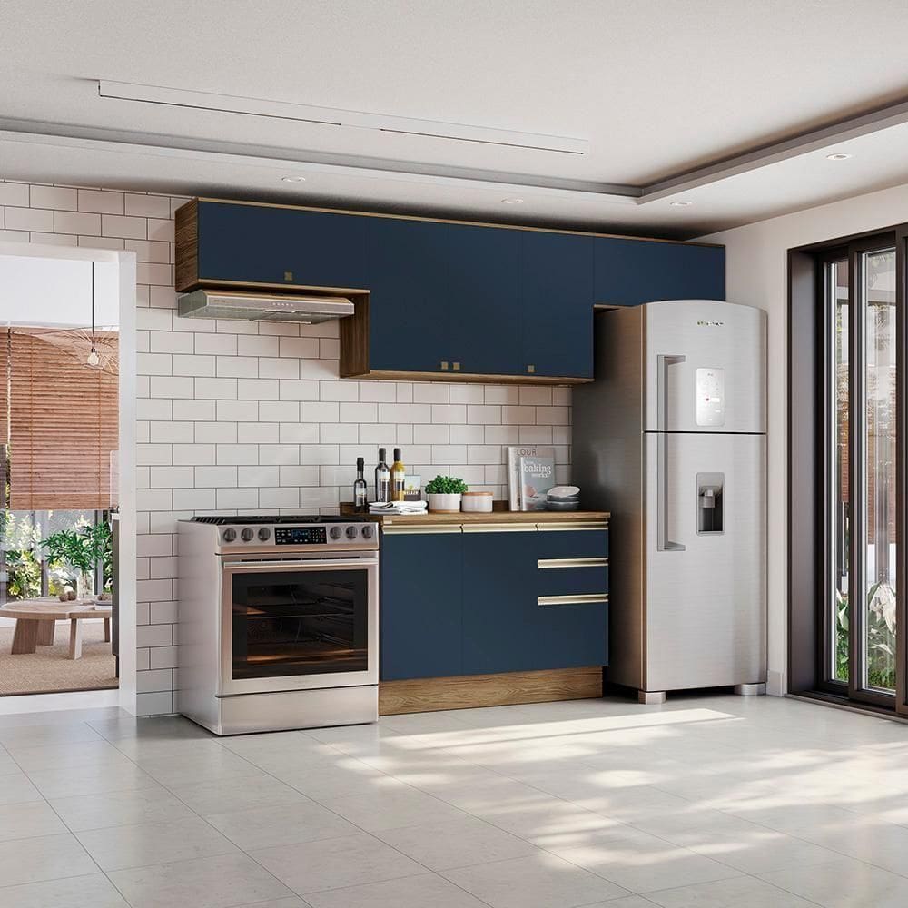 Armário De Cozinha Completa 100% Mdf 280cm Nogueira/azul Profundo Celeste Kappesberg