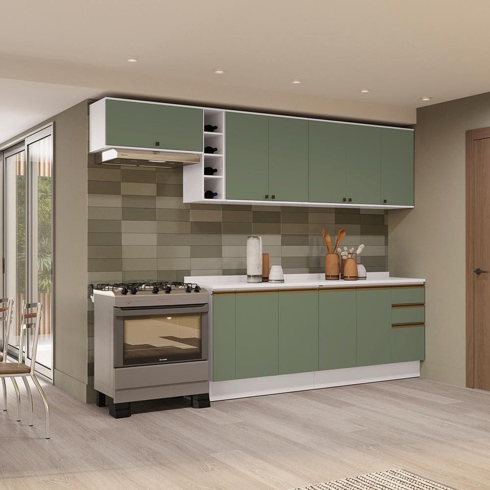 Armário De Cozinha Completa 100% Mdf 300cm Branco/verde Celeste Kappesberg