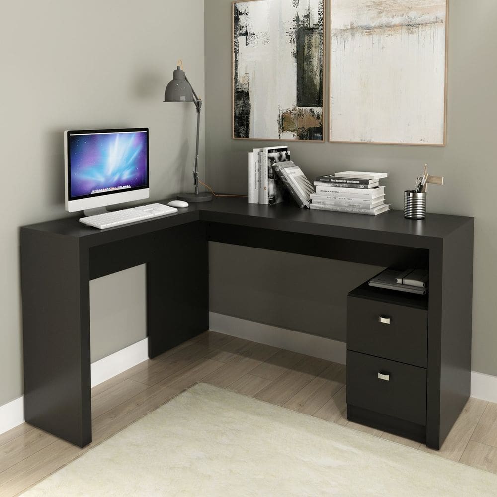 Escrivaninha Mesa Escritório 113x138,5cm em L com 2 Gavetas ME4129 Preto