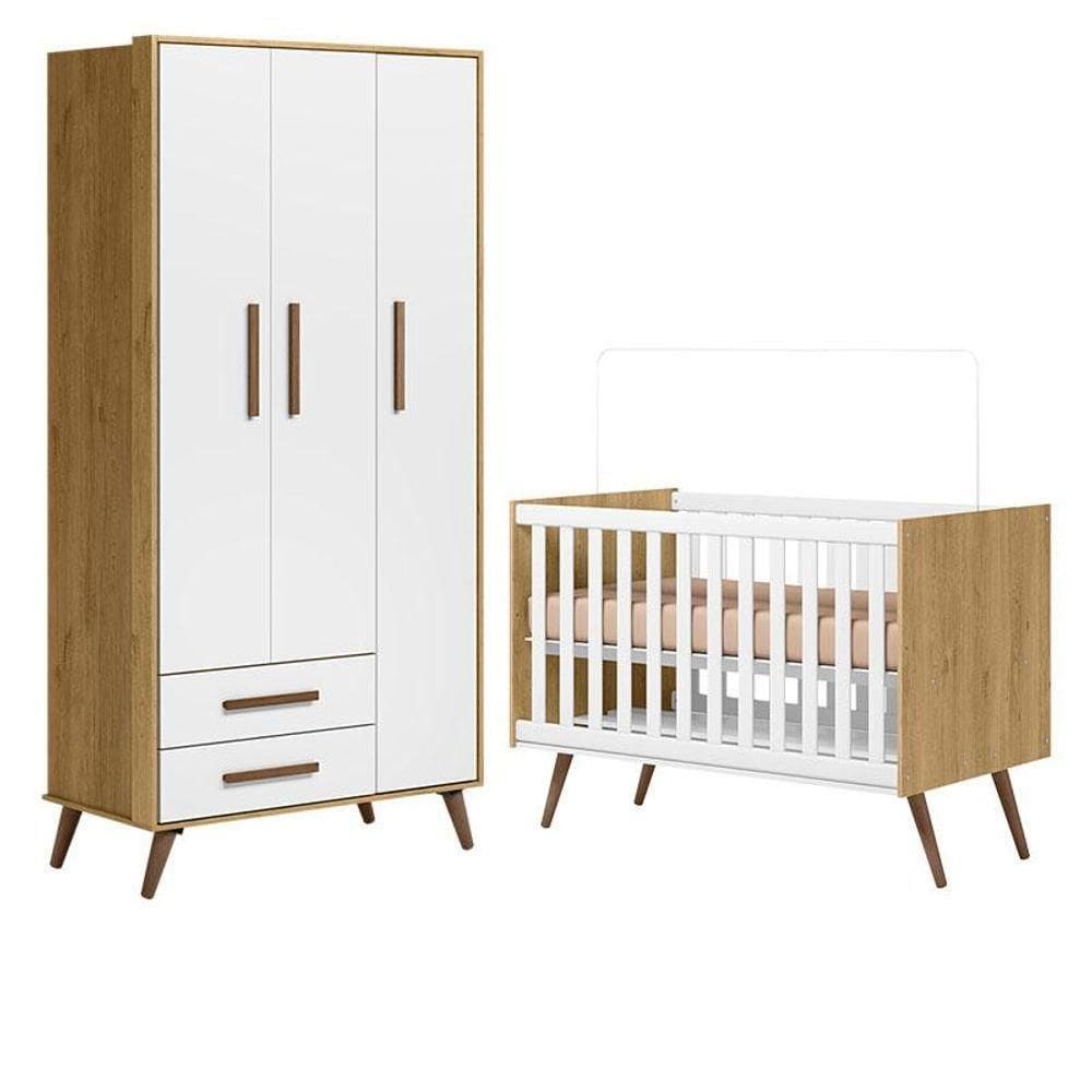 Berço Americano 3820 E Guarda Roupa 3830 Q Encanto Retrô Freijó Toq Branco Acetinado - Qmovi