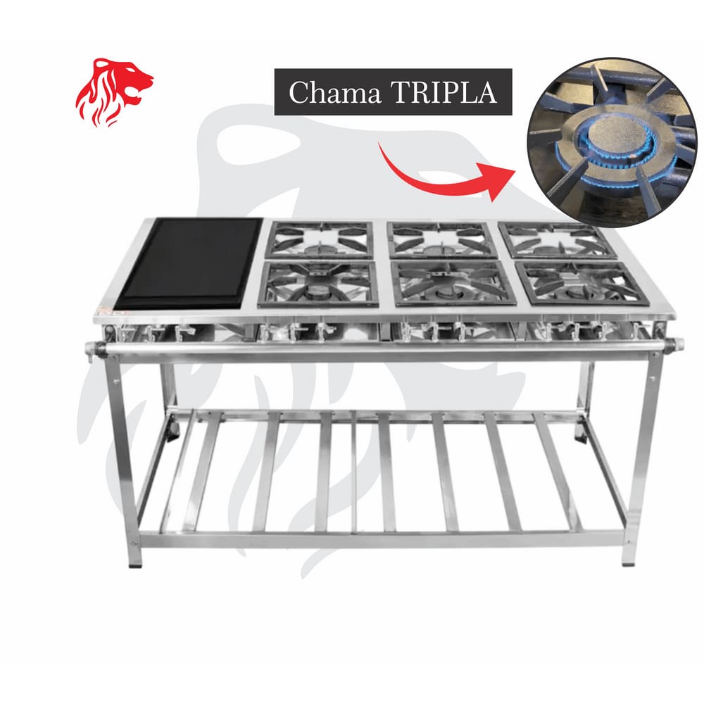 Fogão Industrial 6 Bocas com Chapa Inox CHAMA TRIPLA(3) Leona