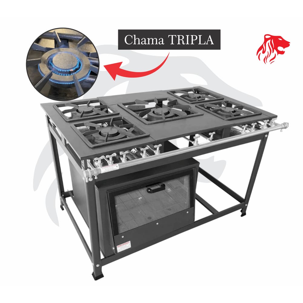 Fogão Industrial 5 Bocas Preto CHAMA TRIPLA(5) c/ Forno Leona