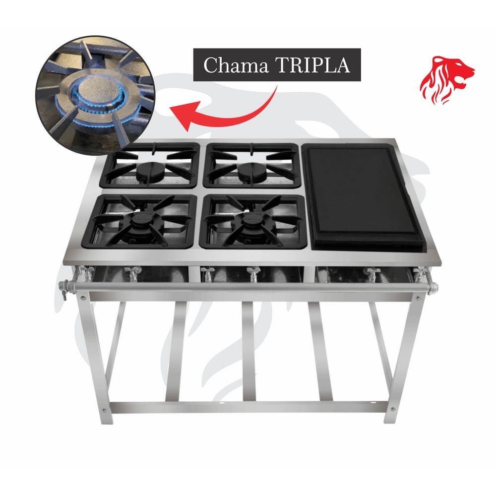 Fogão Industrial 4 Bocas com Chapa Inox CHAMA TRIPLA(2) Leona