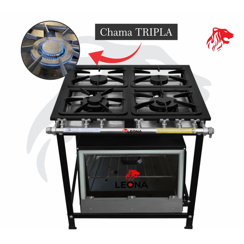 Fogão Industrial 4 Bocas Preto CHAMA TRIPLA(2) c/ Forno Leona