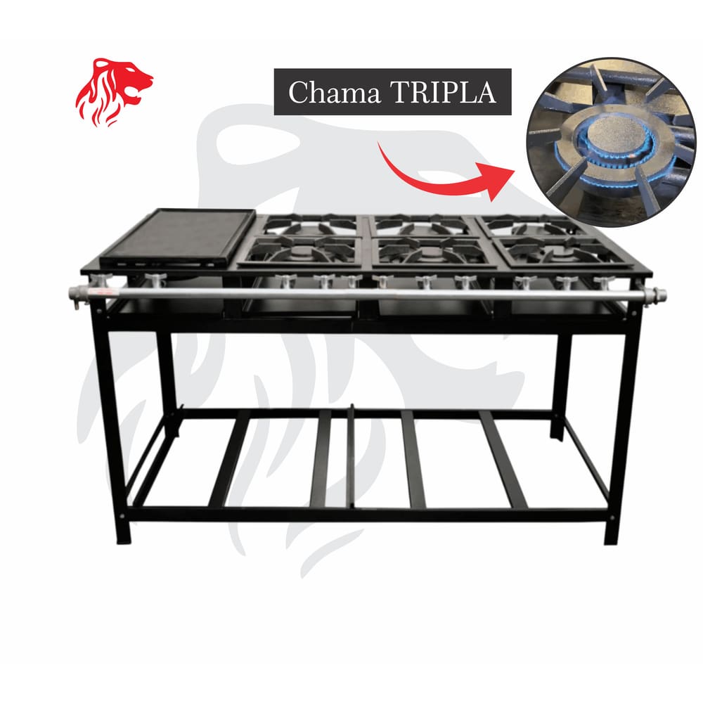 Fogão Industrial 6 Bocas com Chapa Preto CHAMA TRIPLA(3) Leona
