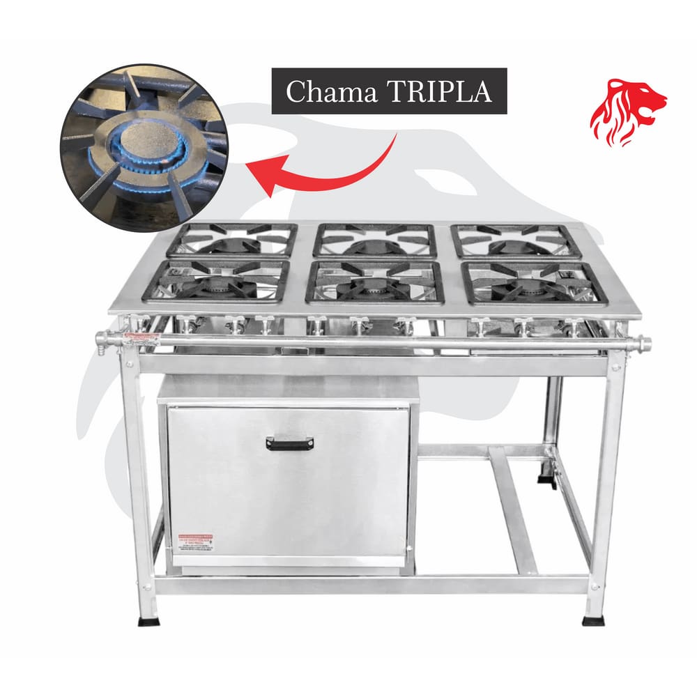 Fogão Industrial 6 Bocas Inox CHAMA TRIPLA(3) c/ Forno Leona