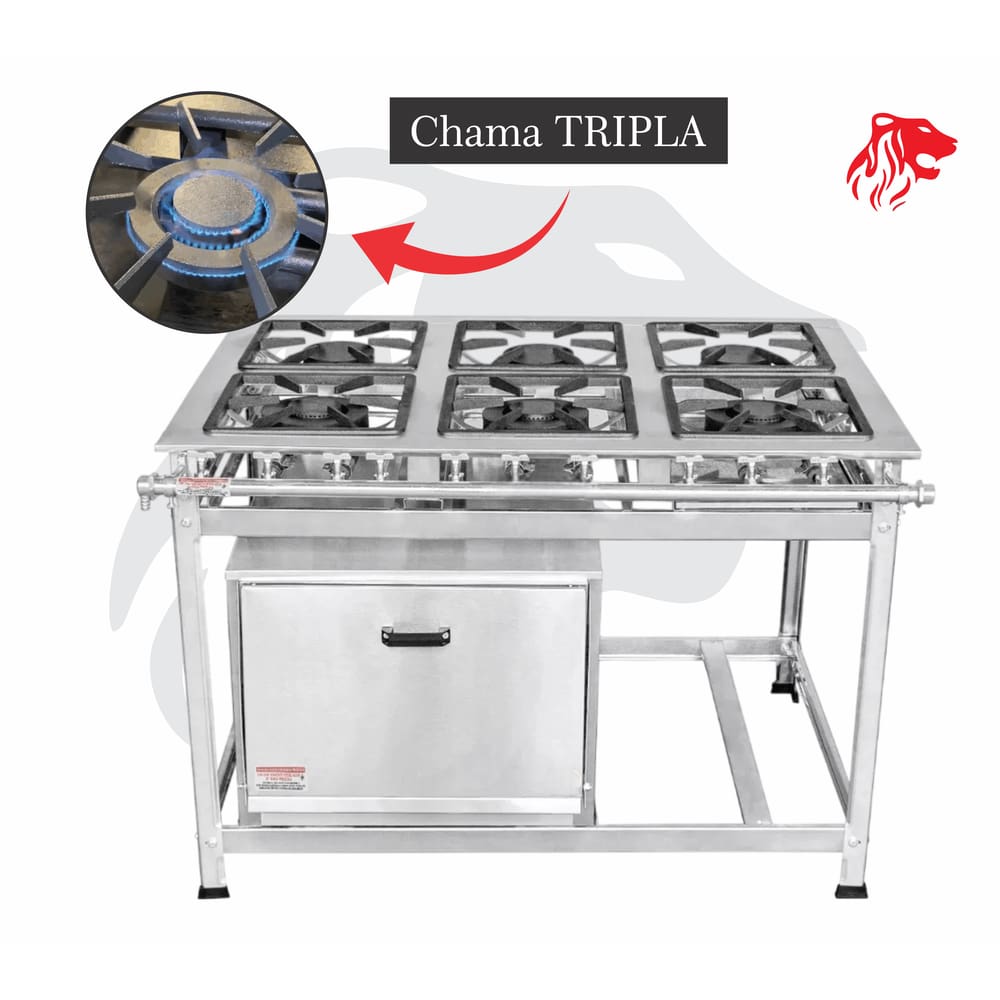 Fogão Industrial 6 Bocas Inox CHAMA TRIPLA(3) c/ Forno Leona