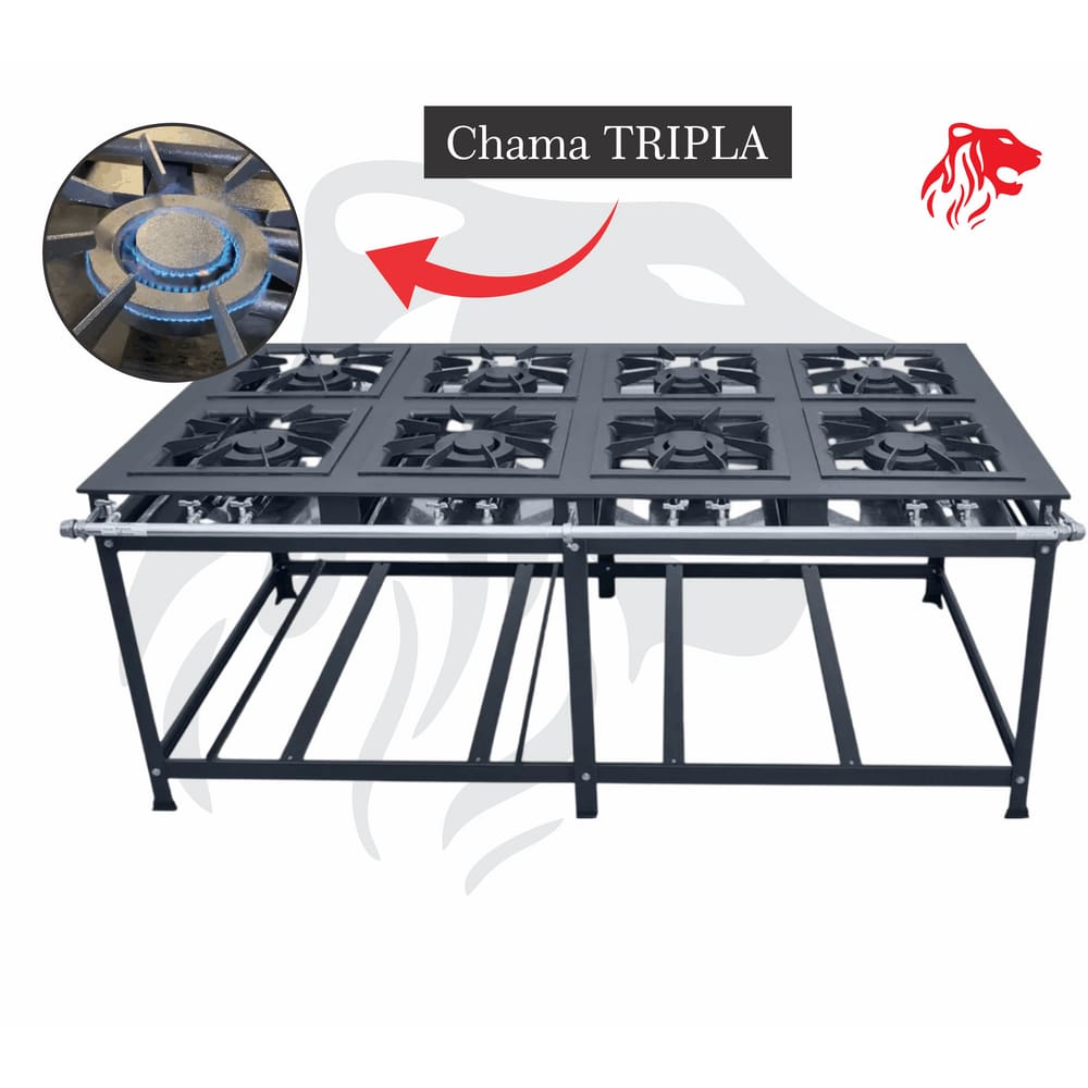Fogão Industrial 8 Bocas Preto CHAMA TRIPLA(8) Leona