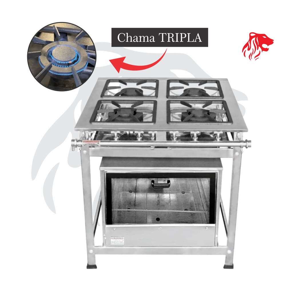 Fogão Industrial 4 Bocas Inox CHAMA TRIPLA(2) c/ Forno Leona