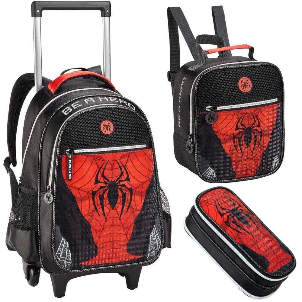 Kit Mochila Rodinha Lancheira Estojo Spider Red Masculino