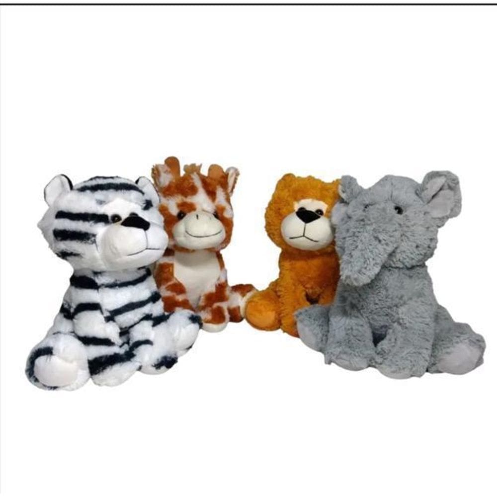 Kit Safari De Pelúcia Girafa Leão Elefante Tigre Branco 25Cm