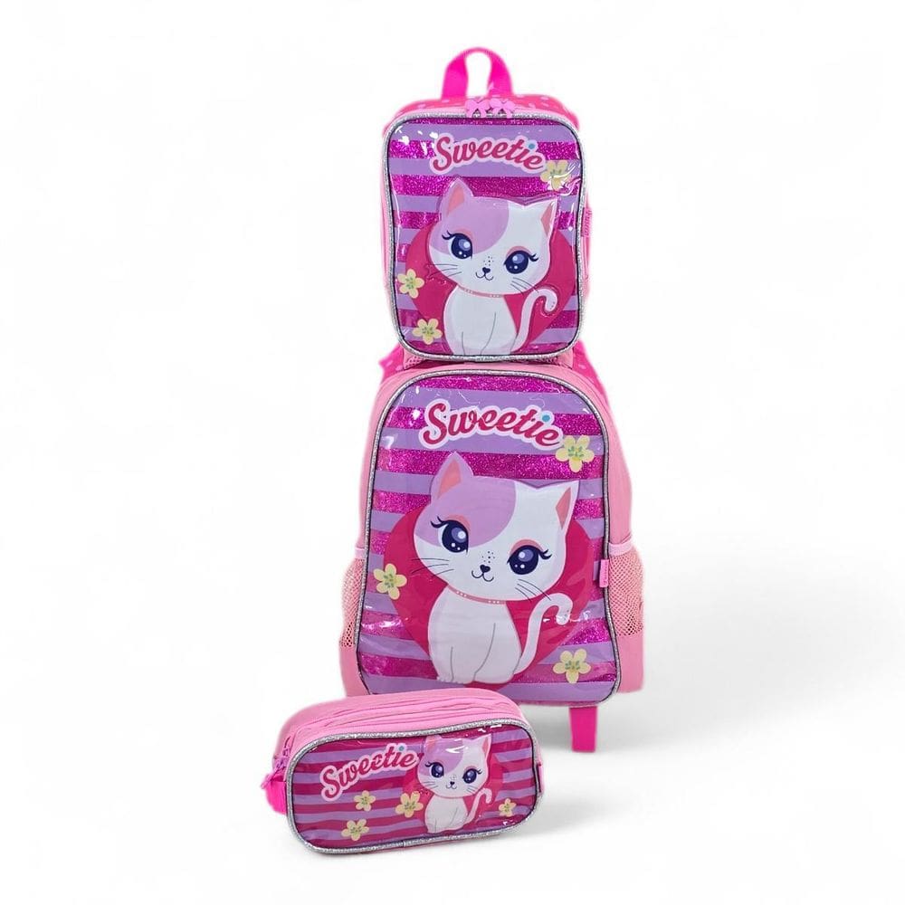 Kit Mochila Rodinha Escolar Lancheira Estojo Gatinha Rosa