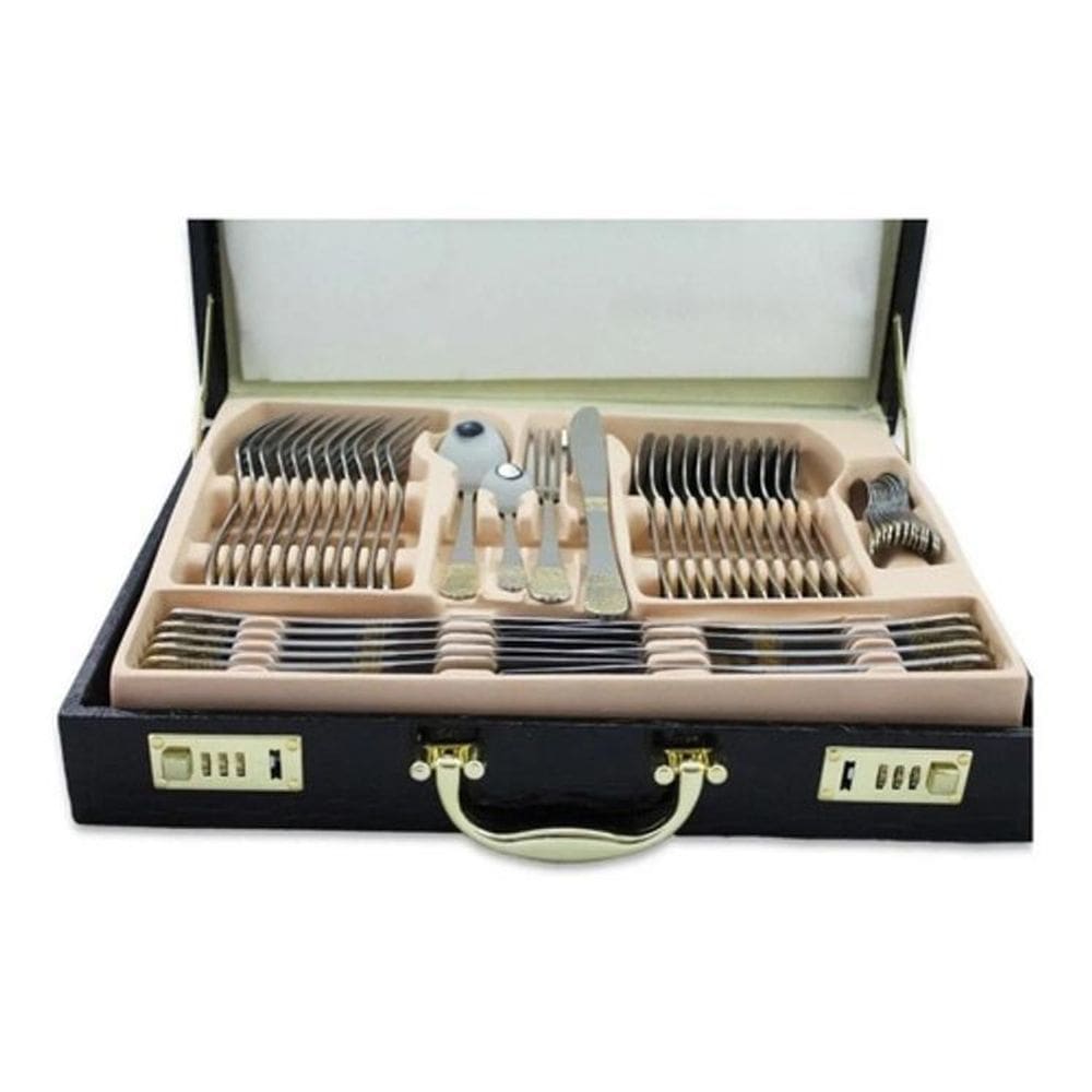 Jogo Talheres Inox 84 Peças Banhando A Ouro 24K