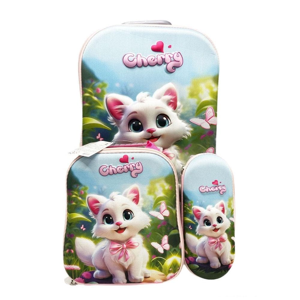 Kit Mochila Com Rodinhas E Lancheira + Estojo Cherry Cat