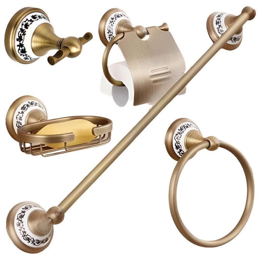 Kit Banheiro 5 Peças Bronze Porcelana Acessórios Retrô Luxo