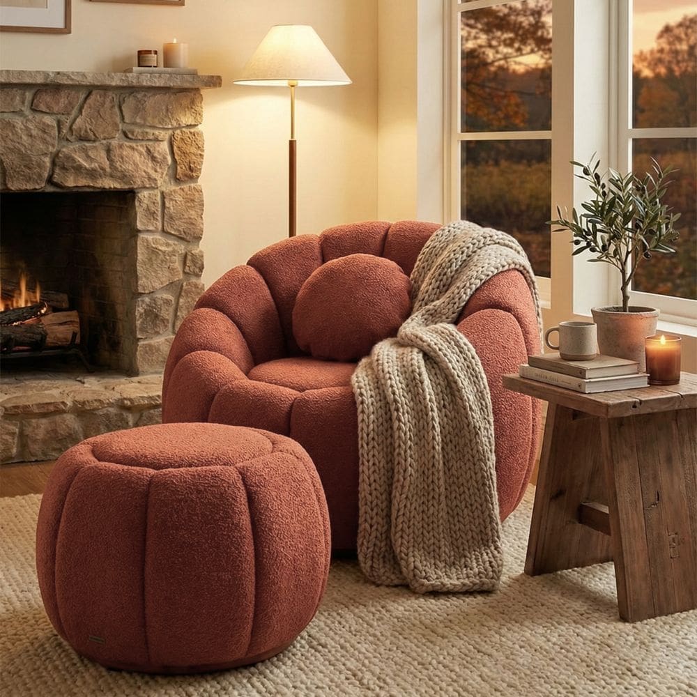 Kit Poltrona Decorativa Concha C/Almofada e Puff Boucle Terracota Abobora  - Montanaris Decor