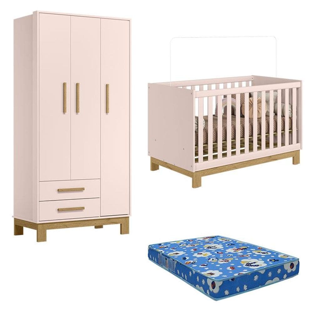 Berço Americano 4315 e Guarda Roupa 4340 Q Encanto Slim Rosa Acetinado com Colchão Ortobom - Qmovi