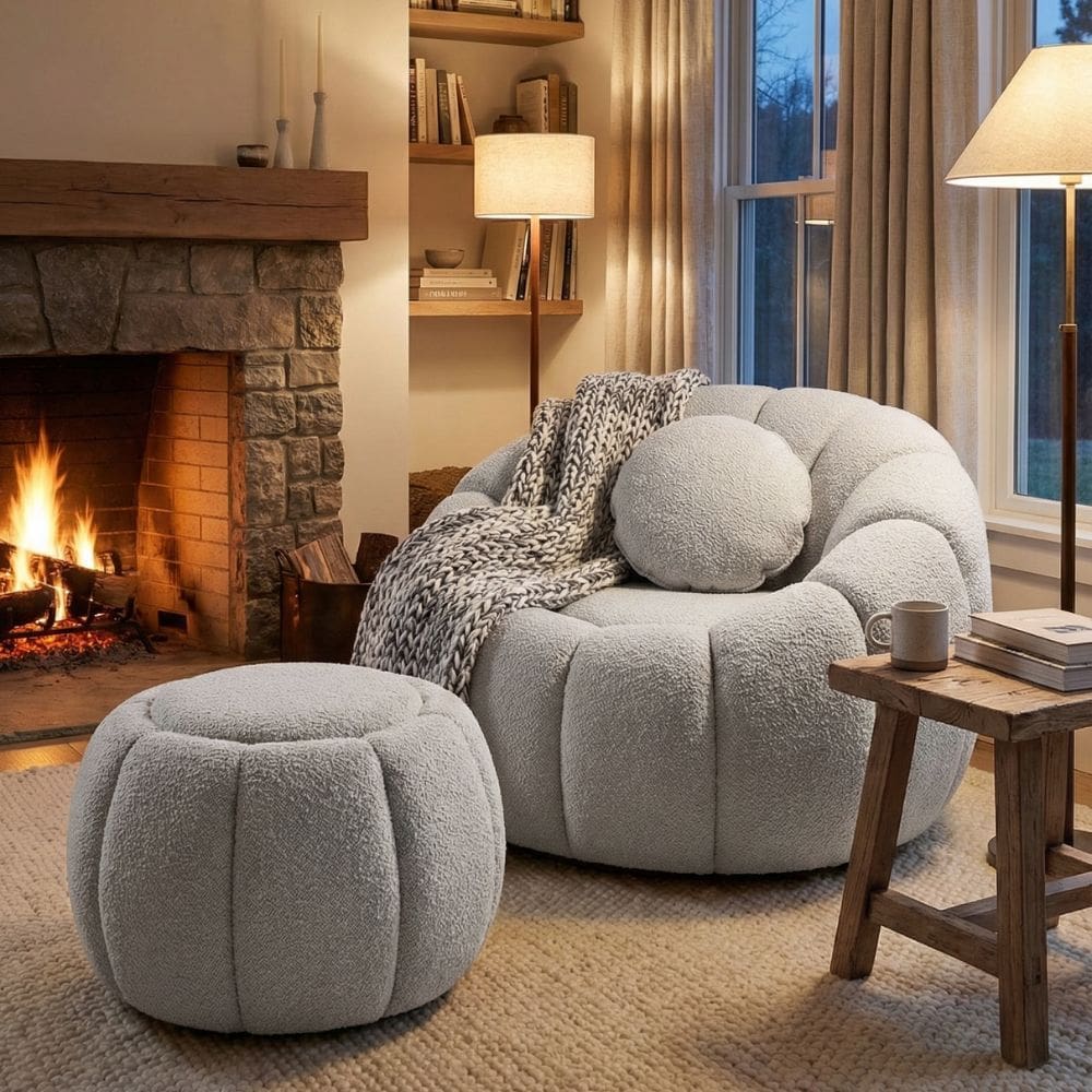 Kit Poltrona Decorativa Concha C/Almofada e Puff Boucle Cinza Claro Abobora  - Montanaris Decor