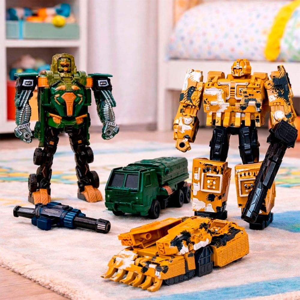 Brinquedo Transforma Robô Guerreiro Amarelo Verde Kit 2pçs