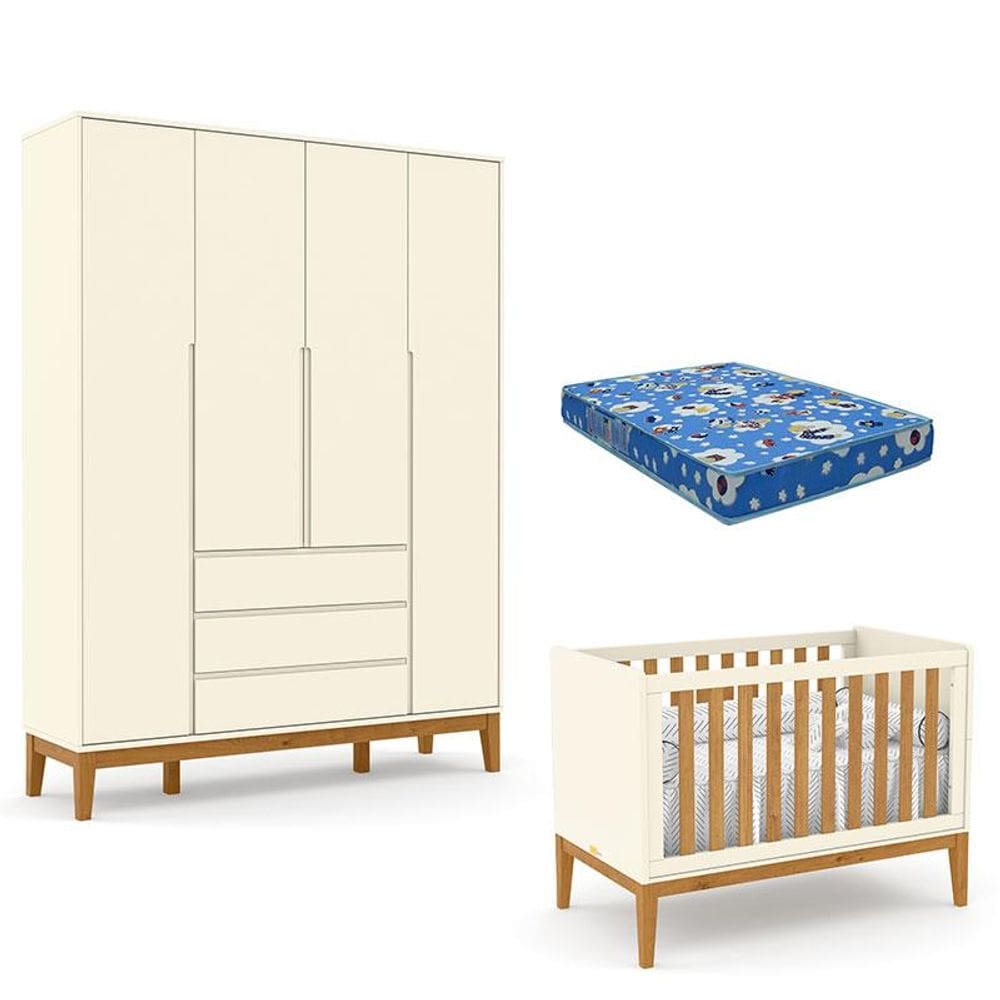 Berço Americano New Off White Freijó e Guarda Roupa Infantil 4 Portas Off White Eco Wood com Colchão para Berço Americano - Matic