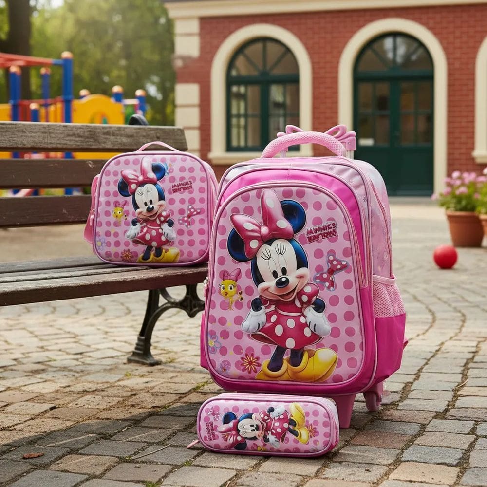 Mochila Rodinha + Lancheira Térmica + Estojo -minnie Rosa 3d Rosa Minnie Rosa