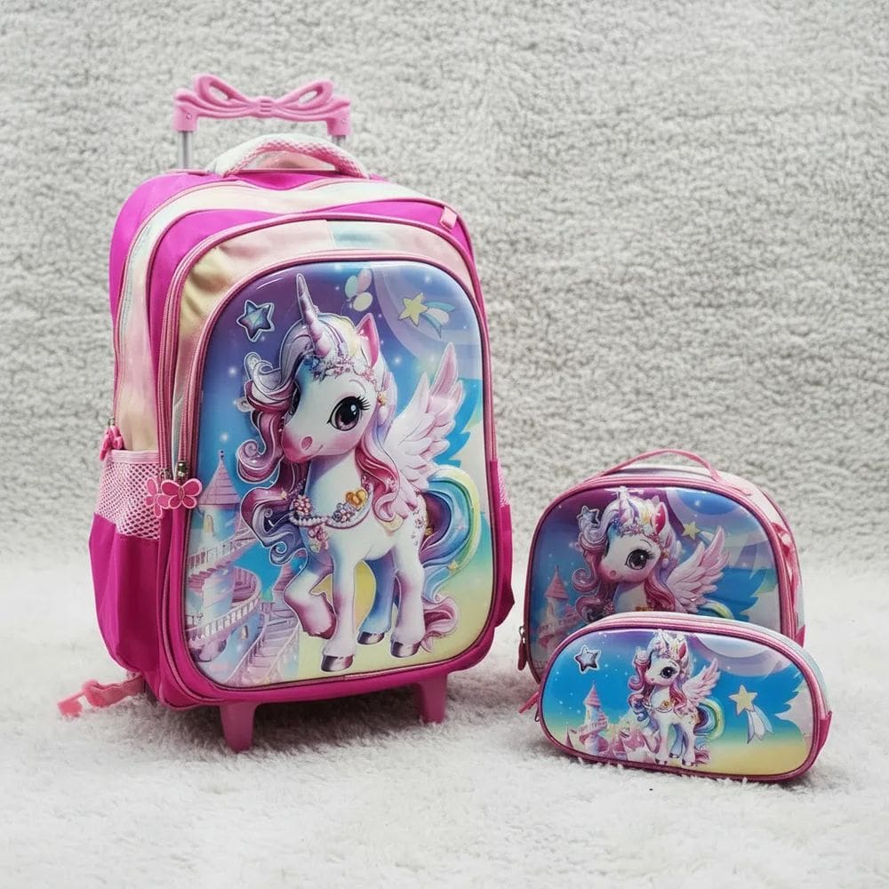 Kit Mochila Impermeável Rodinha + lancheira térmica + estojo - Unicórnio 3D