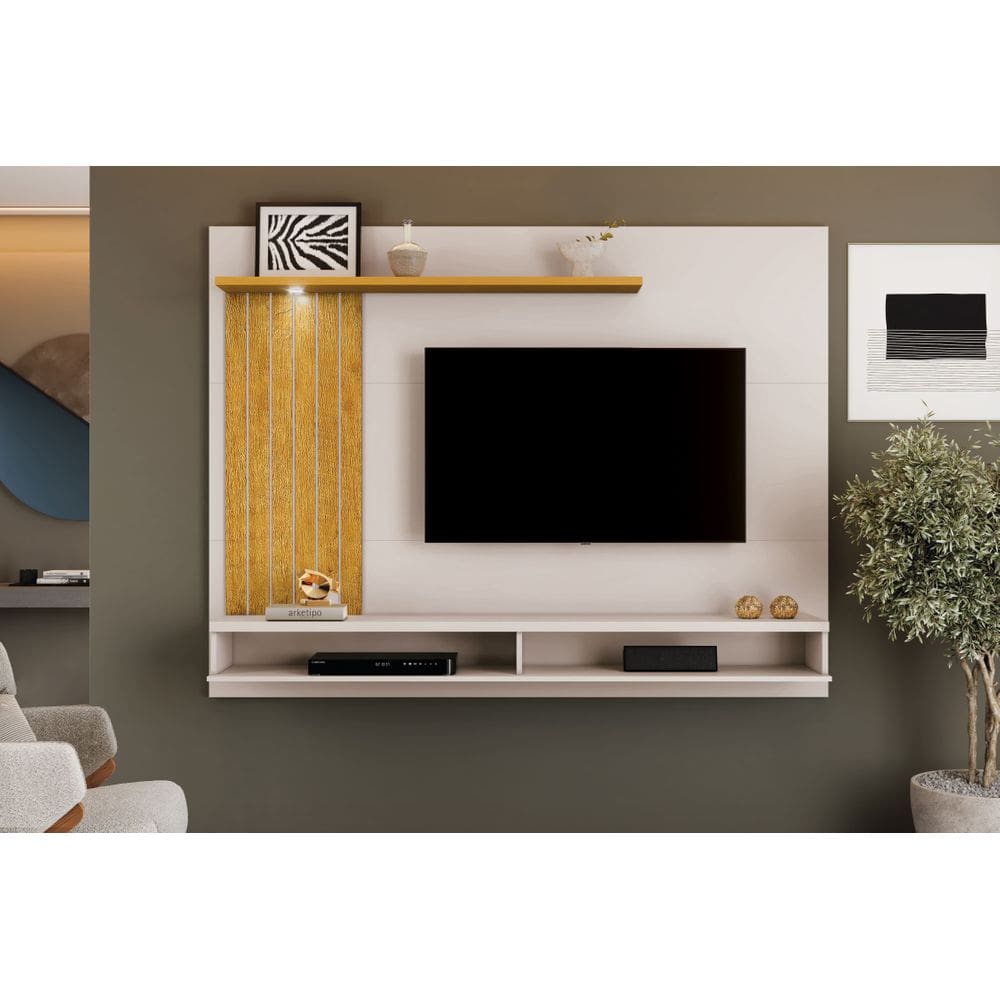 Painel p/ TV até 60” Primer c/ Led, Nicho e Prateleira Vidro