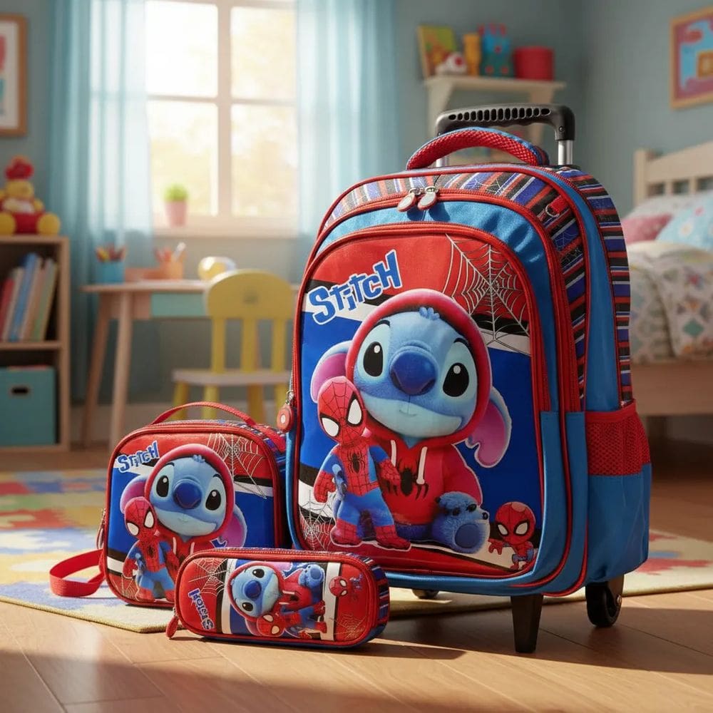 Kit Mochila Impermeável Rodinha + lancheira térmica + estojo Stitch Homem Aranha -3D