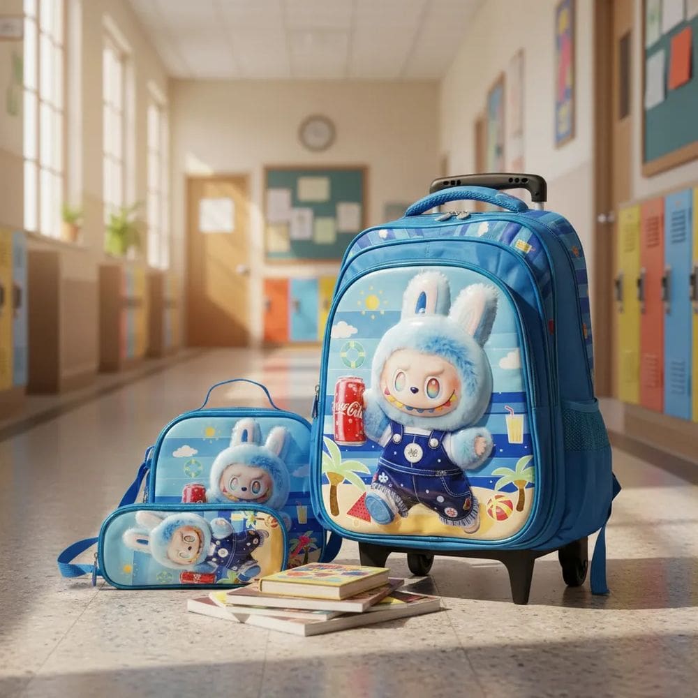 Mochila Rodinha impermeável + lancheira térmica + estojo - Labubu Azul 3D