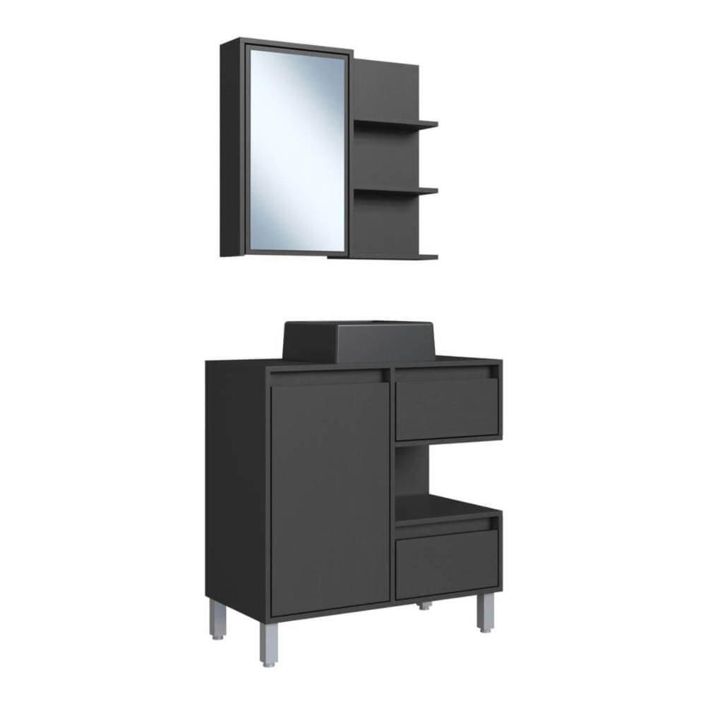 Gabinete 80cm Paula Grafite com Espelheira Porta Cuba Preta Em Mármore Sintético De Banheiro