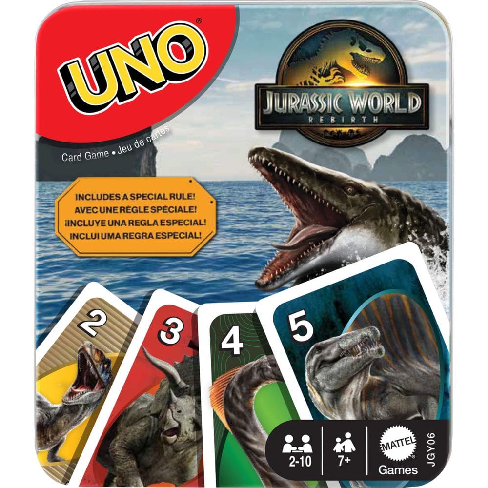 Jogo de cartas UNO Jurassic World Rebirth da Mattel Games em lata