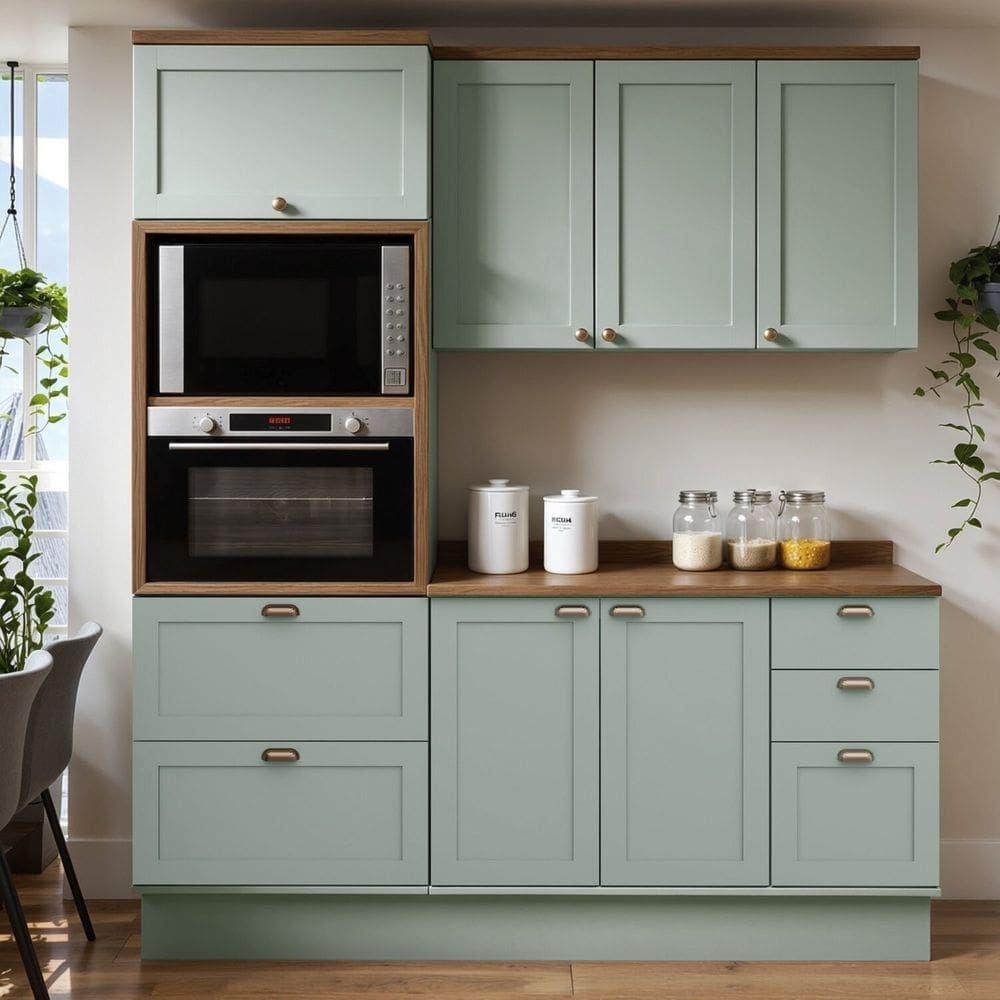 Cozinha Modulada 100% Mdf 3 Peças com Torre Quente e Tampo Iluminata Verde Mint/Ébano Fosco