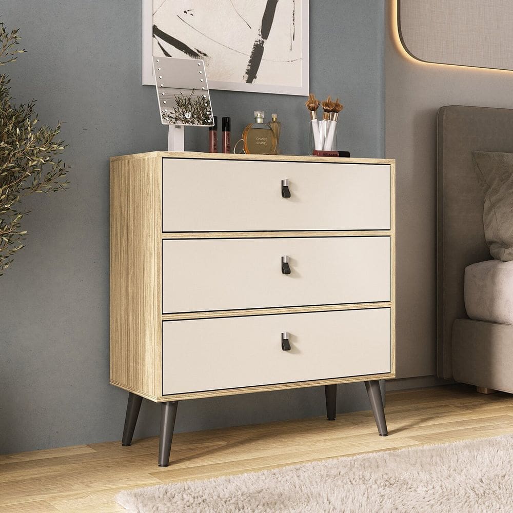 Cômoda com 3 Gavetas para Quarto Pés Palito Amendoa / off white