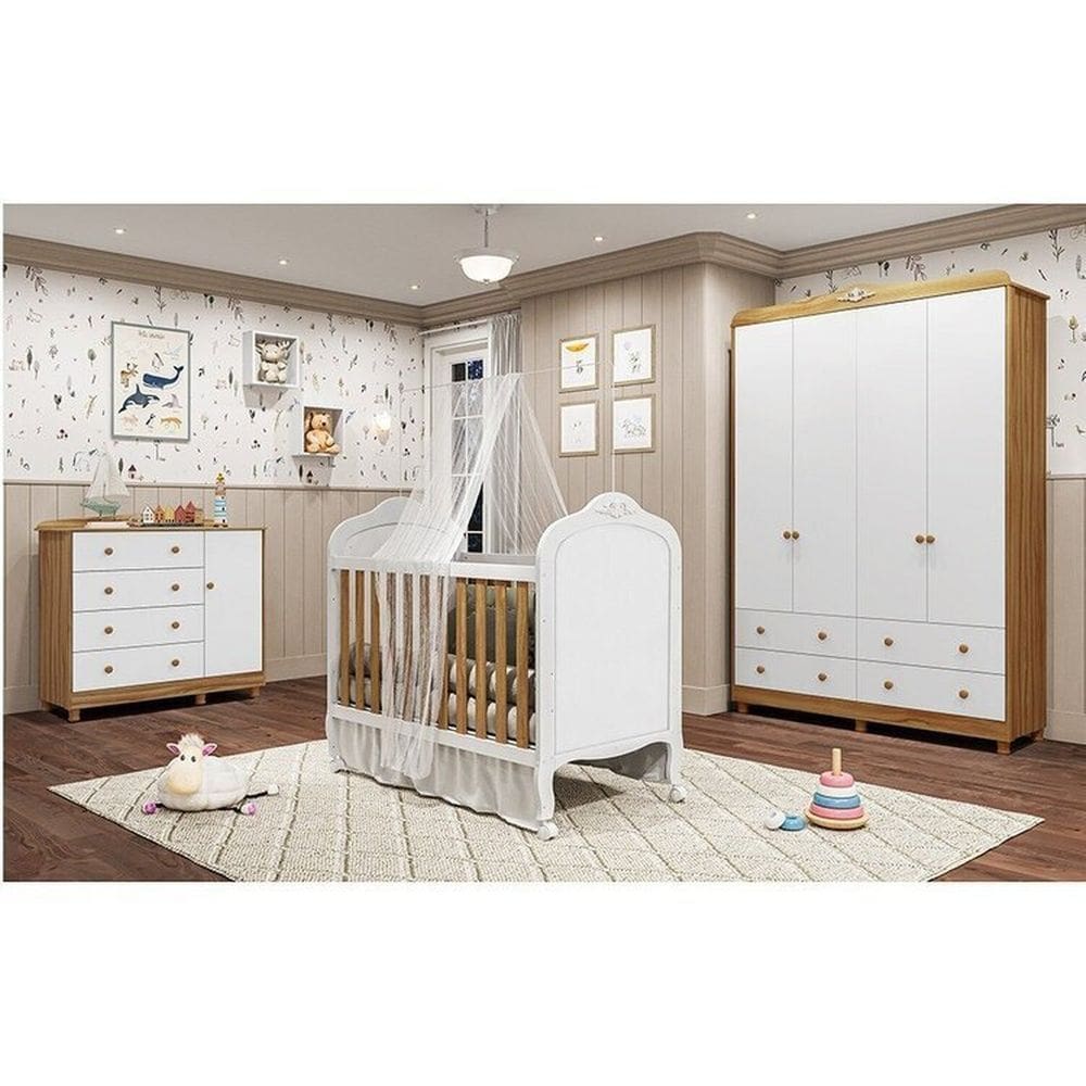 Quarto de Bebê Berço Guarda Roupa e Cômoda Maya Clássico Espresso Móveis Branco/Amêndoa