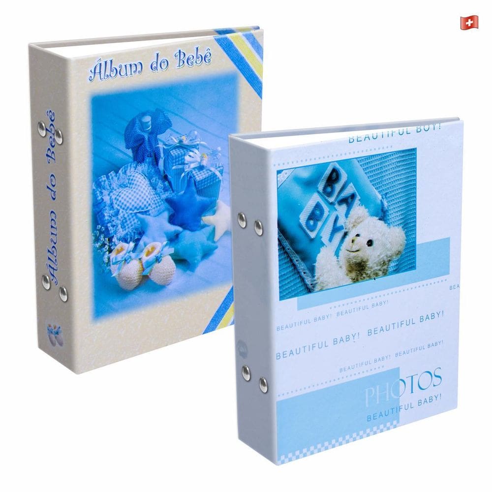 2 Albuns 10X15/120 Fotos Menino Azul Bebê Sapato Urso Tedy