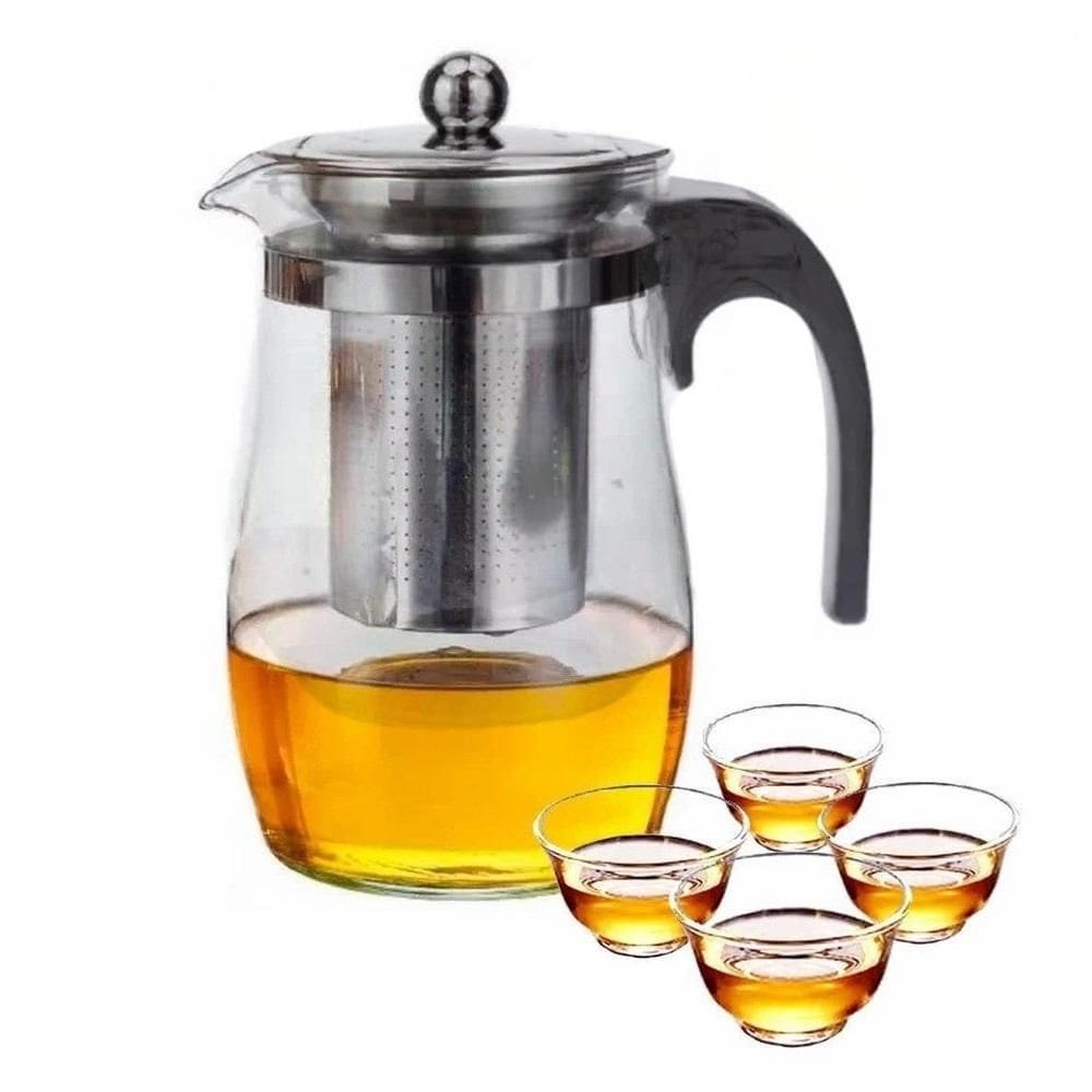Kit Chaleira Infusor 4 Xicaras Bule Vidro Inox Jarra Cafeteria Jogo Completo Cafe Cha Coador 500Ml Luxo