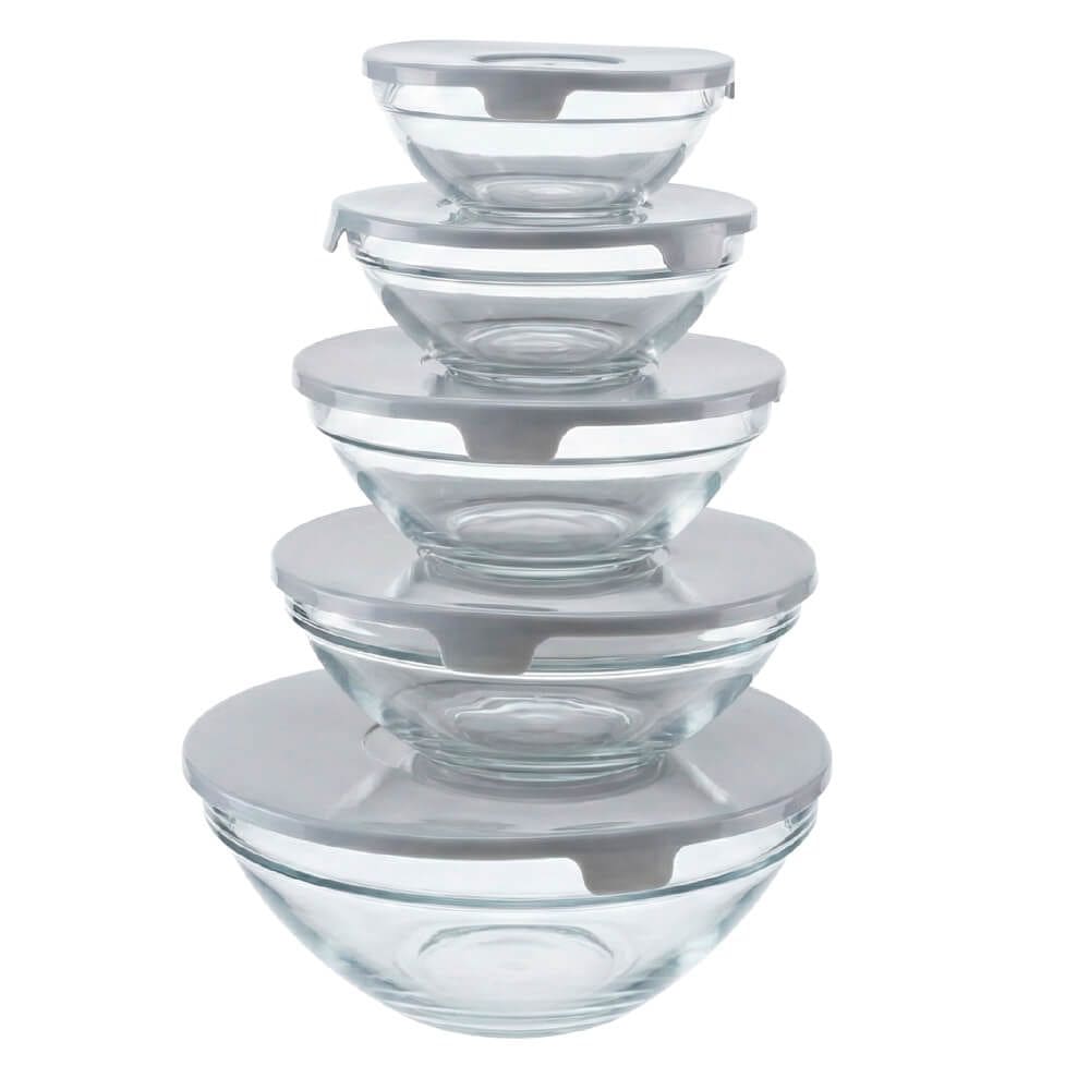 Conjunto de Potes em Vidro Redondo com Tampa 5 peças Cinza  - Vista Home