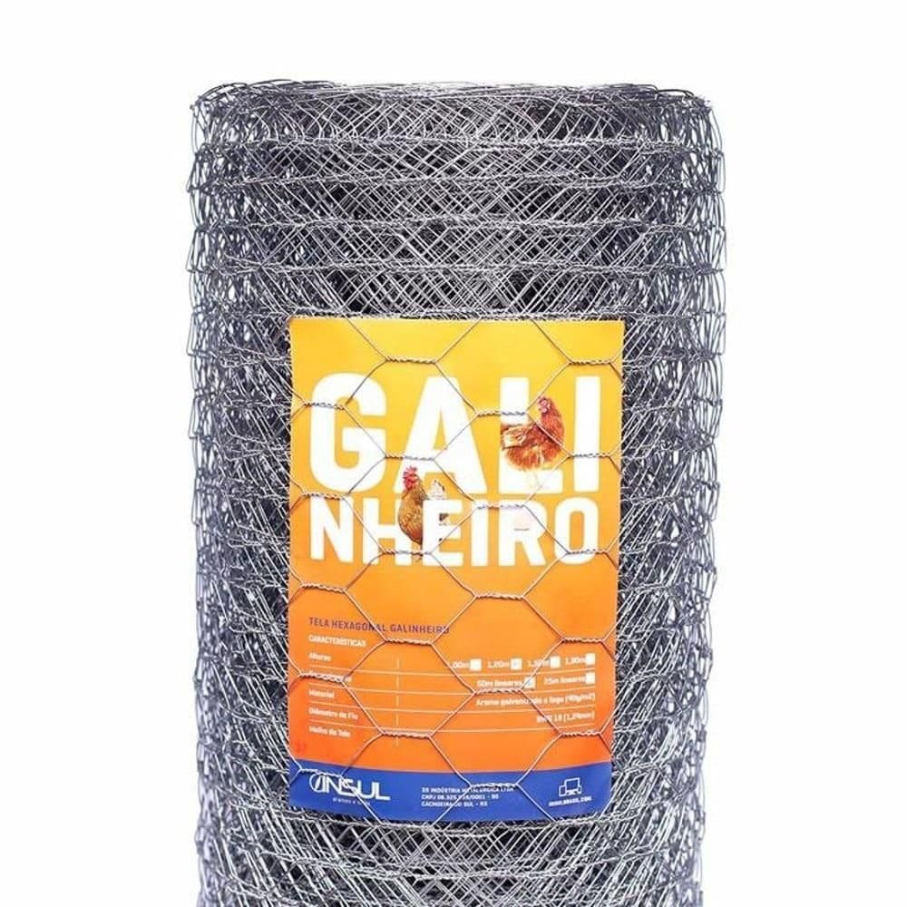 Tela Hexagonal Para Cercamento Insul Galinheiro 18, malha 5,0cm, fio 1,24mm, Rolo 1,50x50m