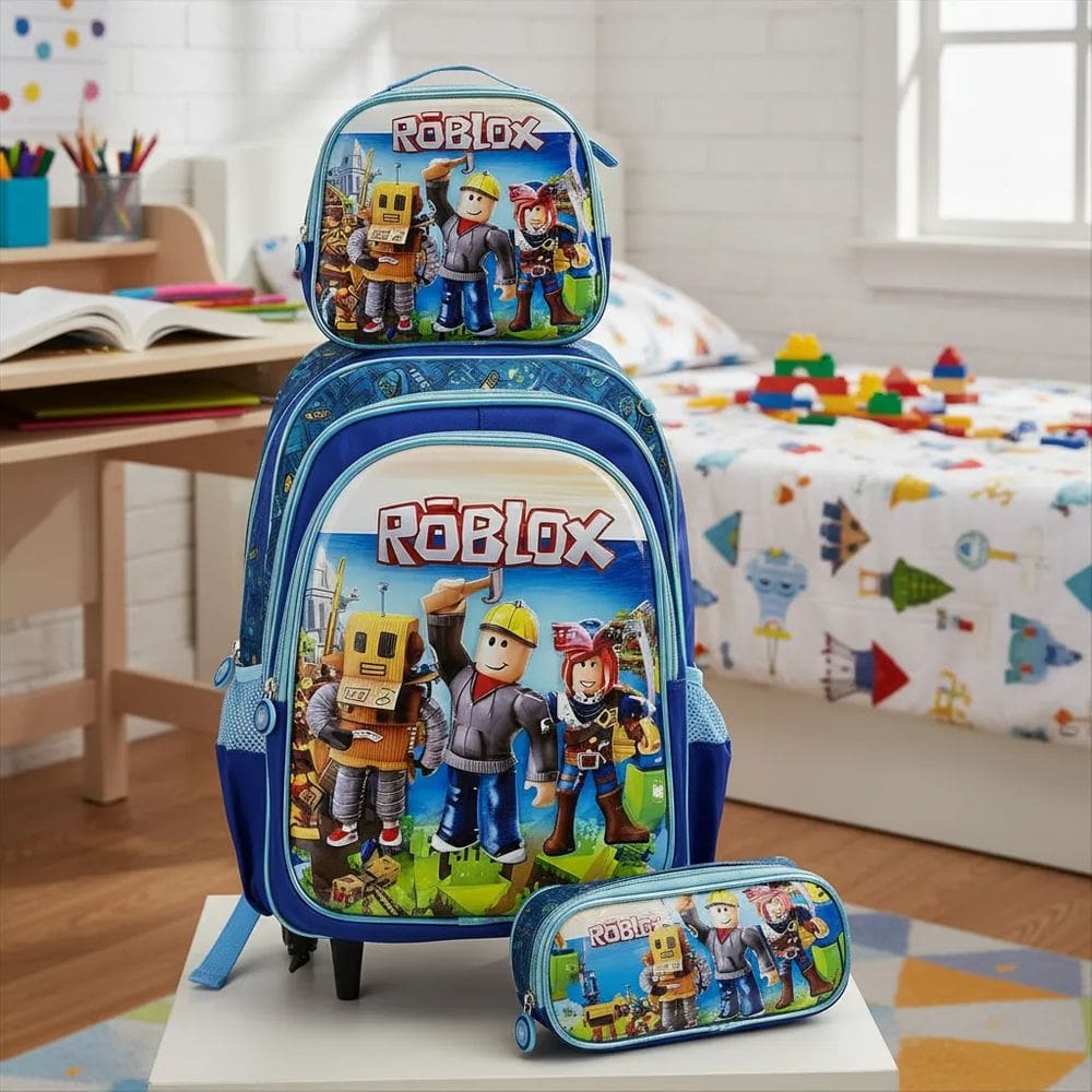 Mochila Rodinha impermeável + lancheira térmica + estojo - Roblox 3D