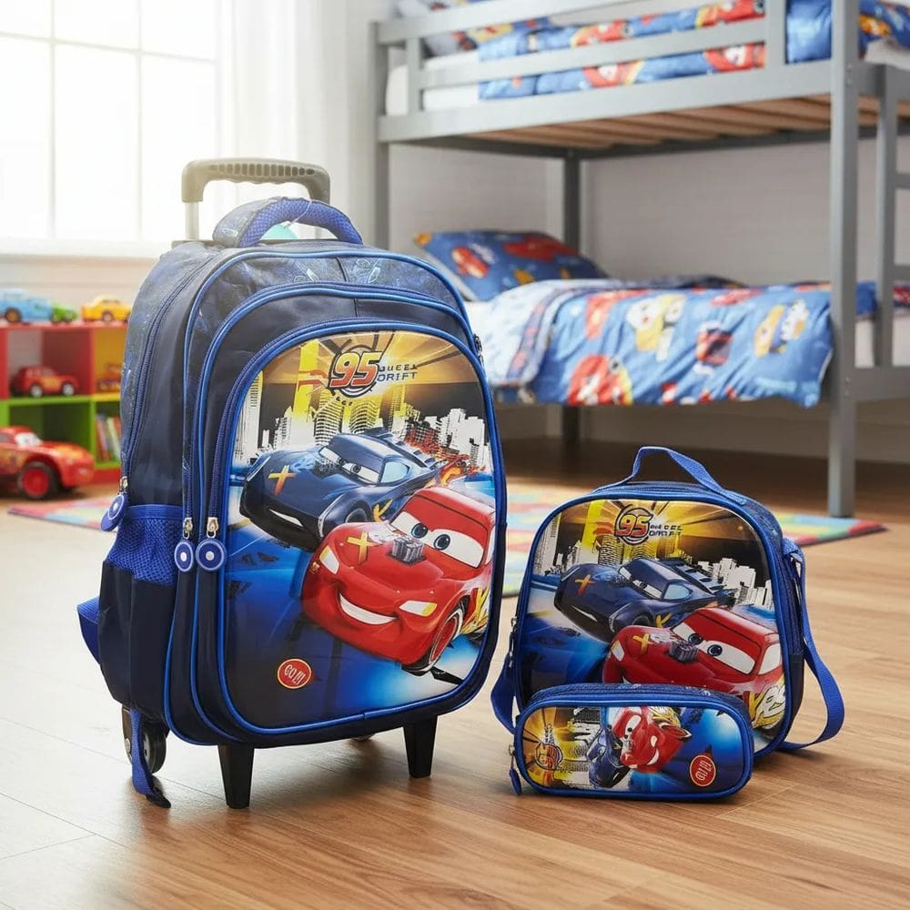 Mochila Rodinha impermeável + lancheira térmica + estojo - Carros 3D