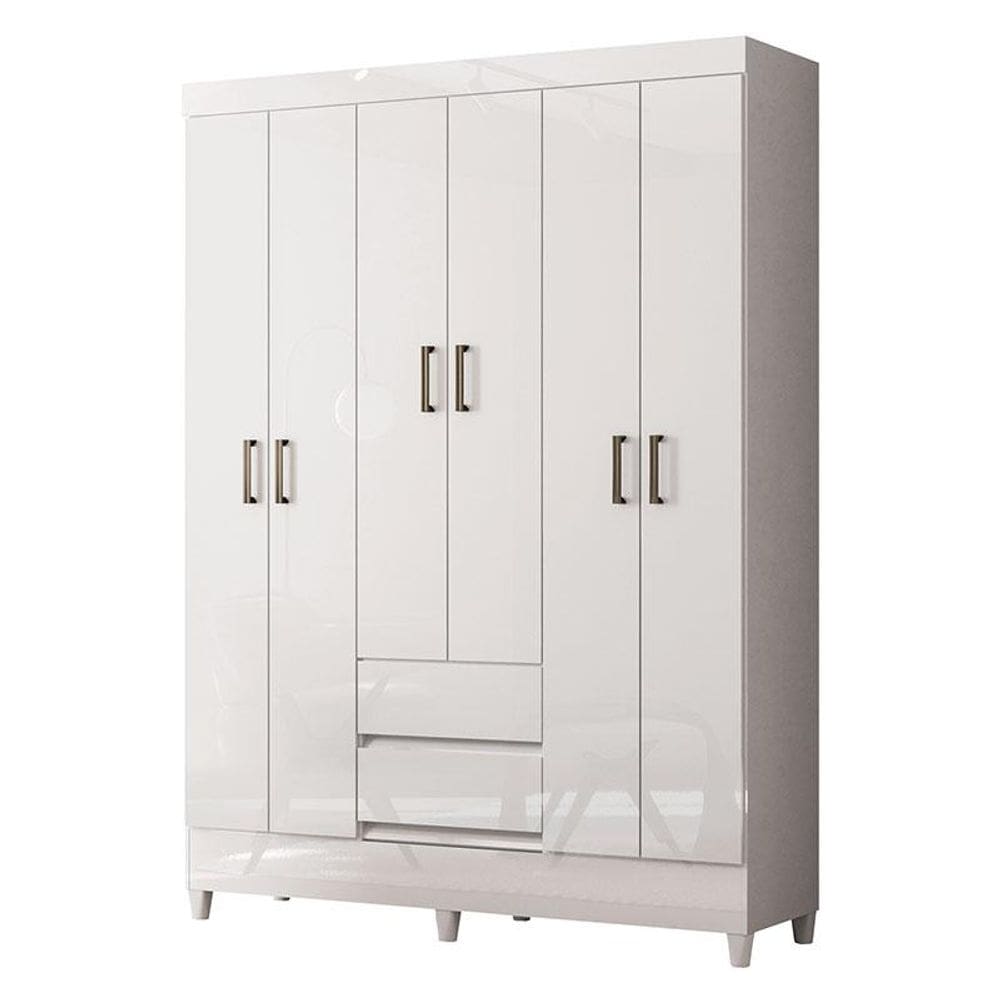 Guarda Roupa Casal 6 Portas com Pés Fit Branco Brilho - Santos Andirá