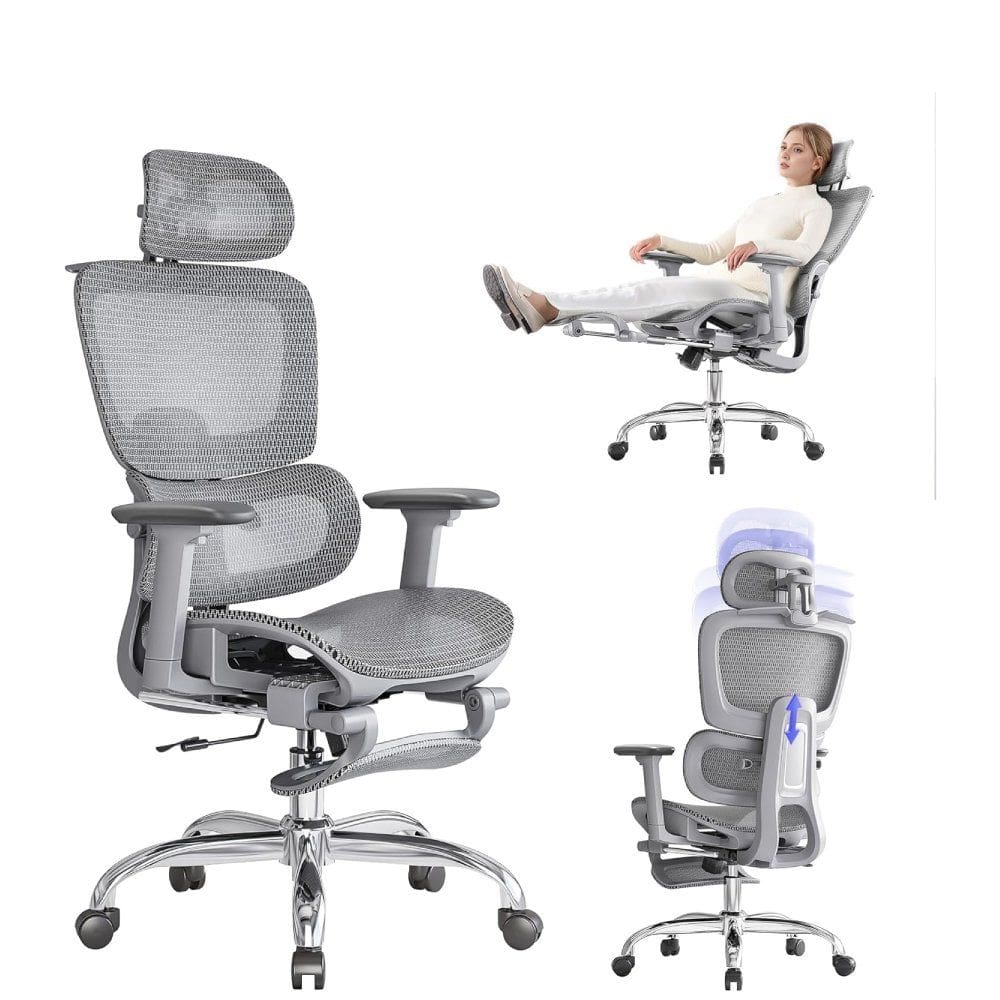 Cadeira Ergonômica LarkLeaves L10 Mesh Apoio de Pé Braço 3D Cinza