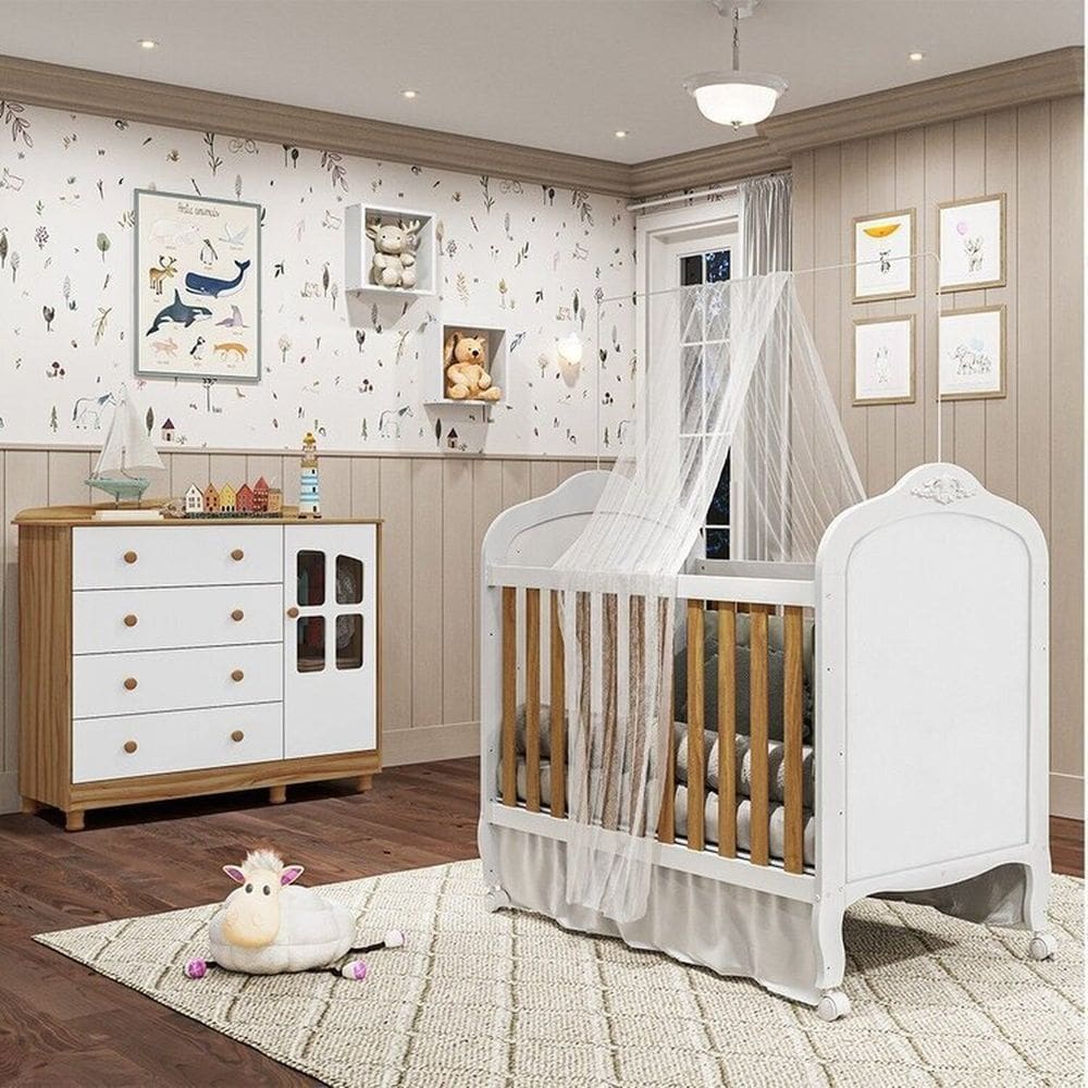 Quarto de Bebê com Berço Mini Cama e Cômoda com Janela Maya Clássico Espresso Móveis Branco/Amêndoa