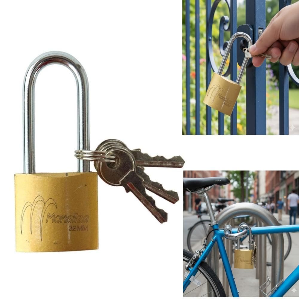 Cadeado Haste Longa 32Mm Grande Portao Corrente Grade 3 Chaves Trava Latao Aco Profissional