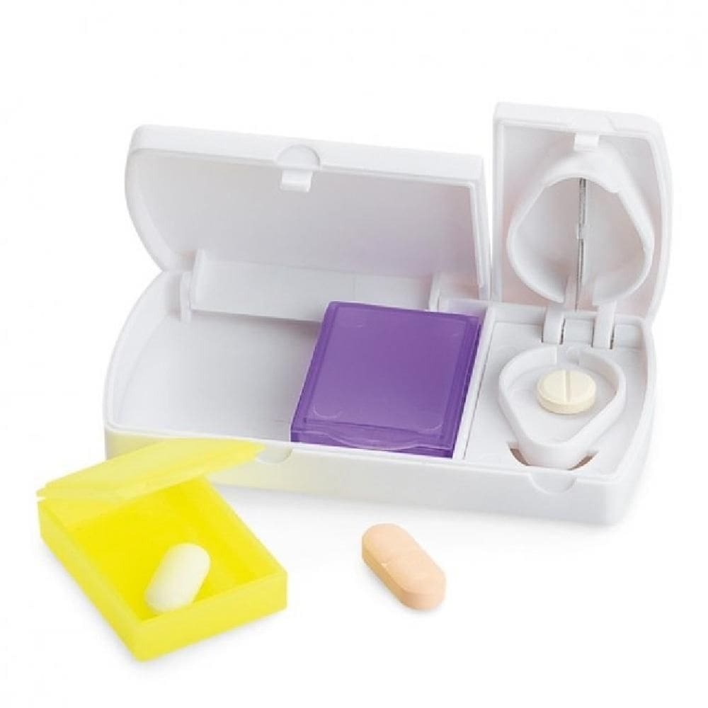 Porta Organizador Kit 2 Em 1 Comprimidos E Medicamentos Cortador Com Lamina De Remedio Portatil