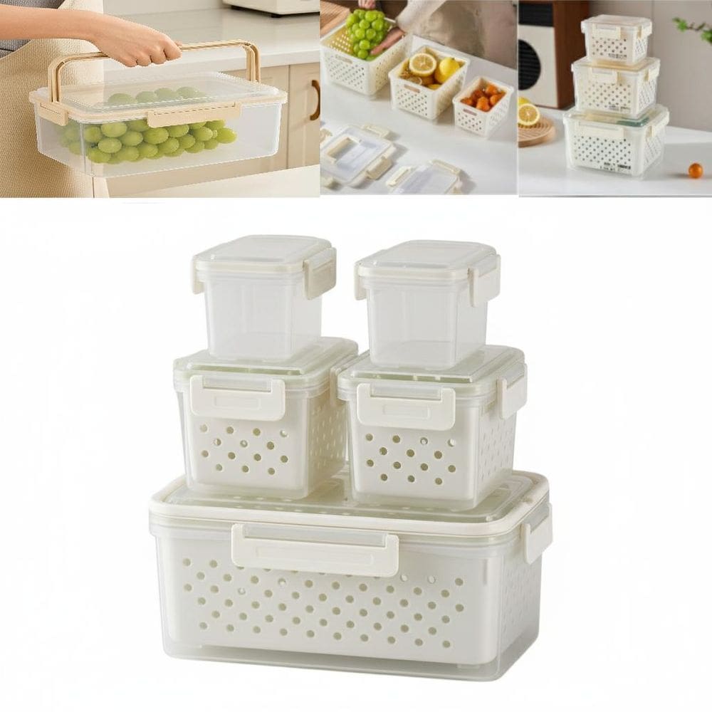 Kit 5 Potes Hermeticos Organizador Geladeira Escorredor Interno Marmita Fitness Plastico Tampa Trava Legumes Frutas Verd