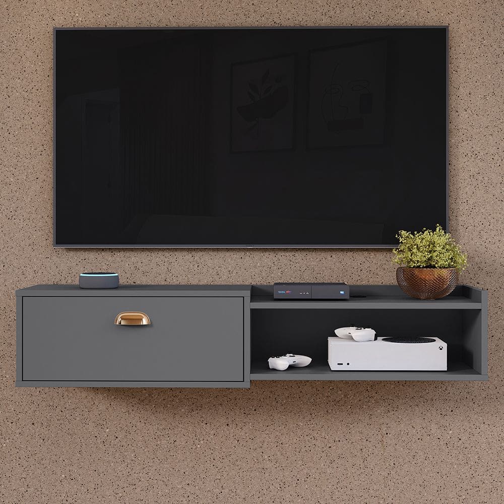 Rack Home Suspenso 1.20 Estante TV 42” Bancada México 1 Porta Puxador Concha Nicho Decoração Sala Quarto Cinza ? Lojas RPM