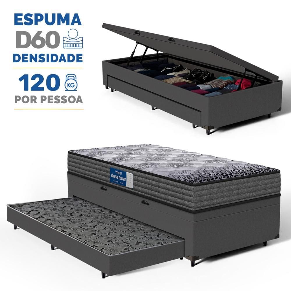 Cama Box Baú com Colchão de Espuma D60 Double Face Guarda Costas Comfort Force Probel + Auxiliar Solteiro 88cm