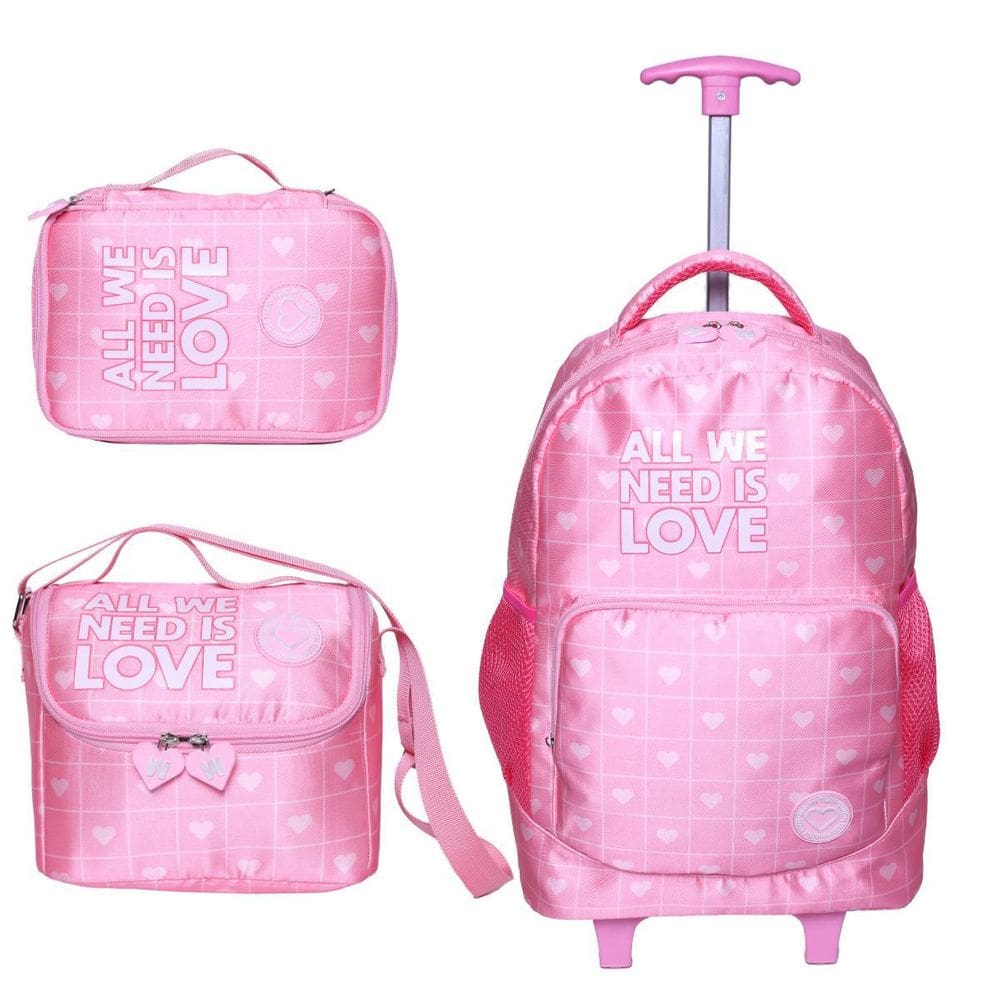 Kit Mochila De Rodinha Bolsa Estojo Lancheira Coração - Rosa